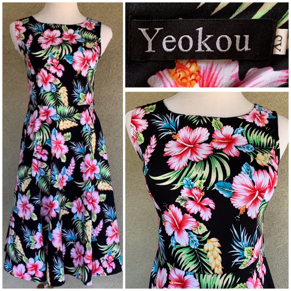 🌺 Hawaiian Floral Fit and Flair Dress Black 🌺